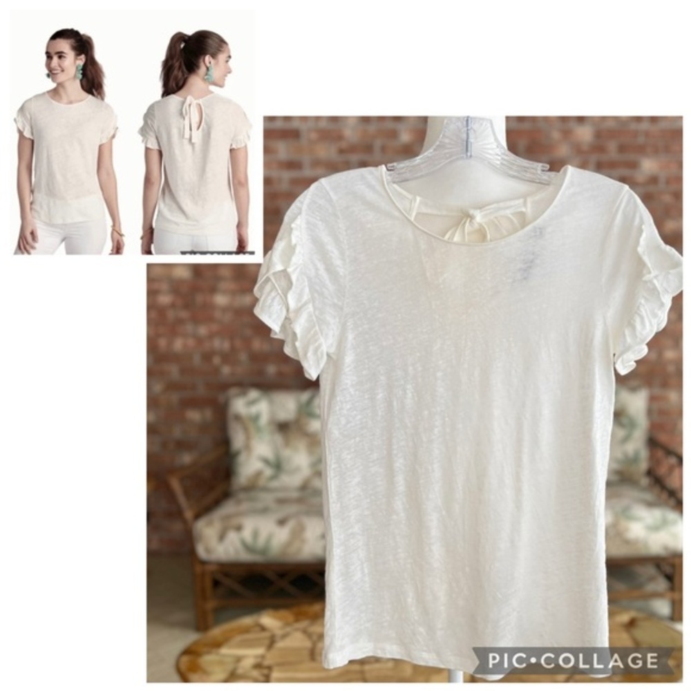 Vineyard Vines Tee Shirt Ruffle Short Sleeve Ivory Linen Tie Back Top XXS Casual